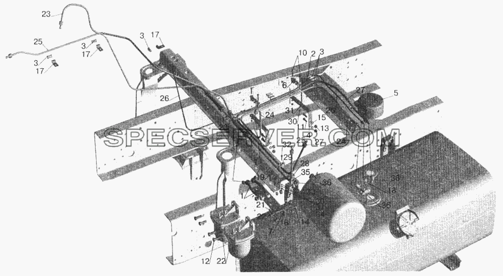 Установка топливопроводов МАЗ-543208 (с подогревателем) для МАЗ-543202 (список запасных частей)
