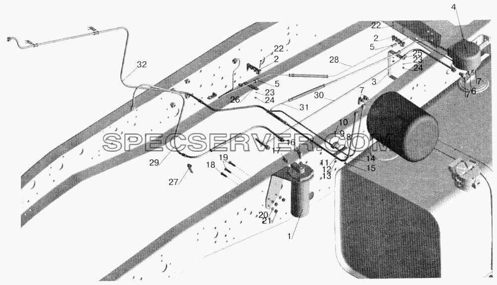 Установка топливопроводов МАЗ-642205, 543205 (с подогревателем) для МАЗ-543202 (список запасных частей)