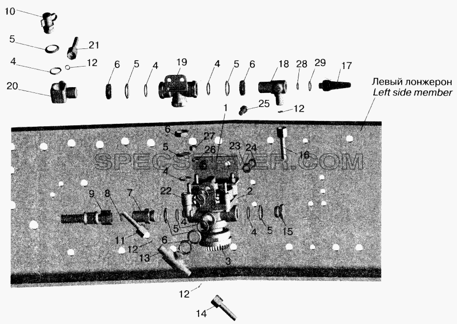 Установка ускорительного клапана и присоединительной арматуры МАЗ-555102 для МАЗ-543202 (список запасных частей)
