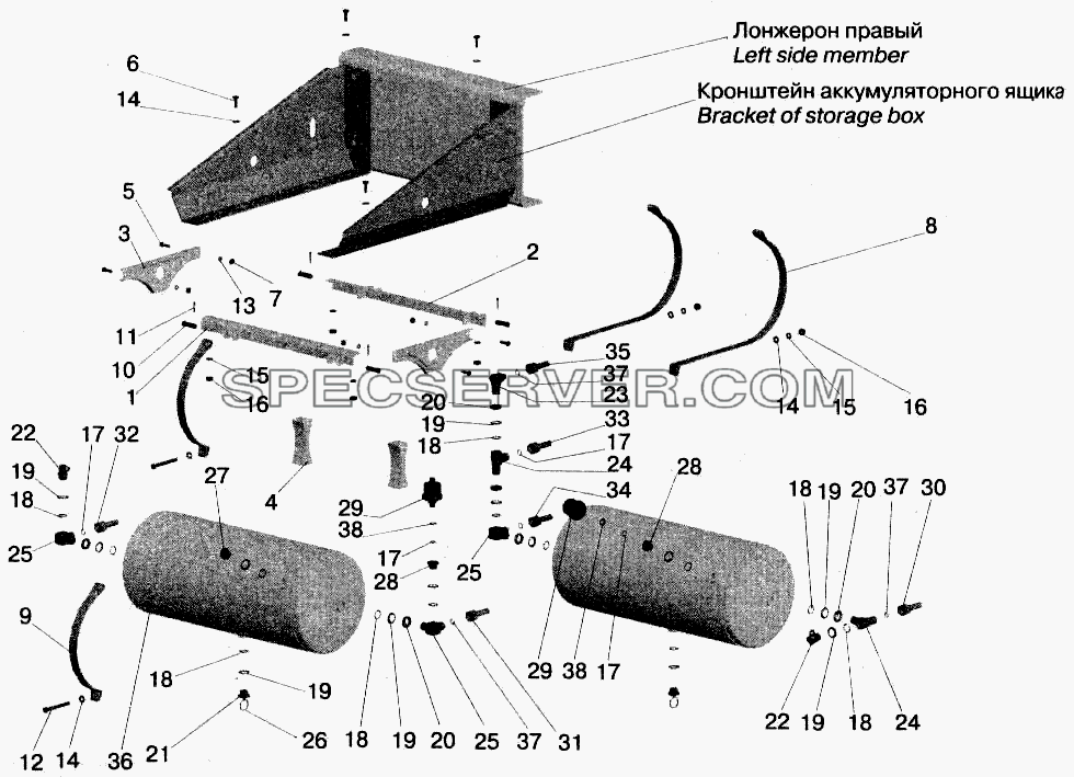 Установка ресивера и присоединительной арматуры МАЗ-642208, 642205 для МАЗ-543202 (список запасных частей)