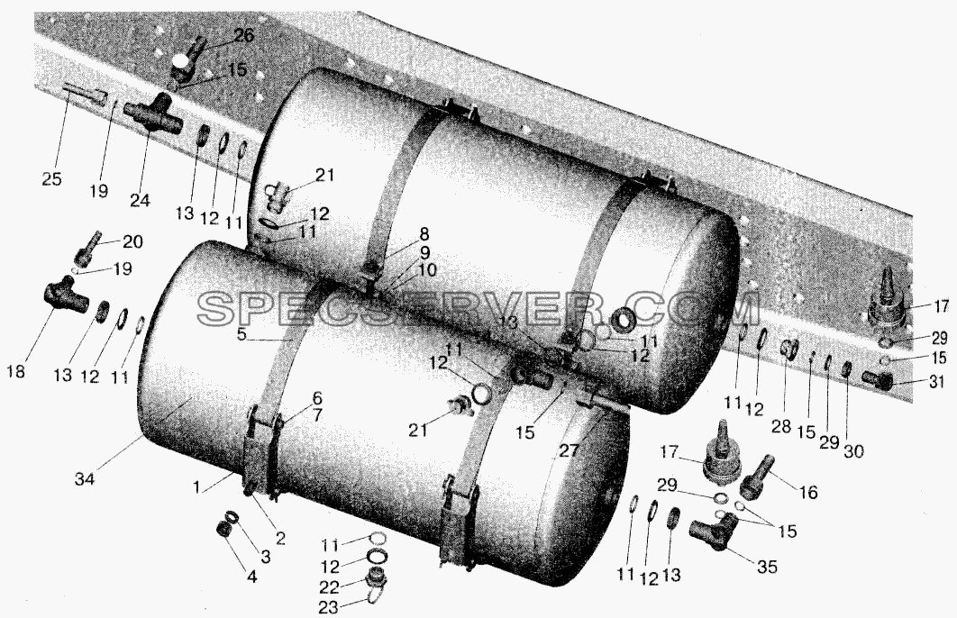 Установка ресиверов и присоединительной арматуры на МАЗ-543208, 543205, 543203, 543202 для МАЗ-543202 (список запасных частей)