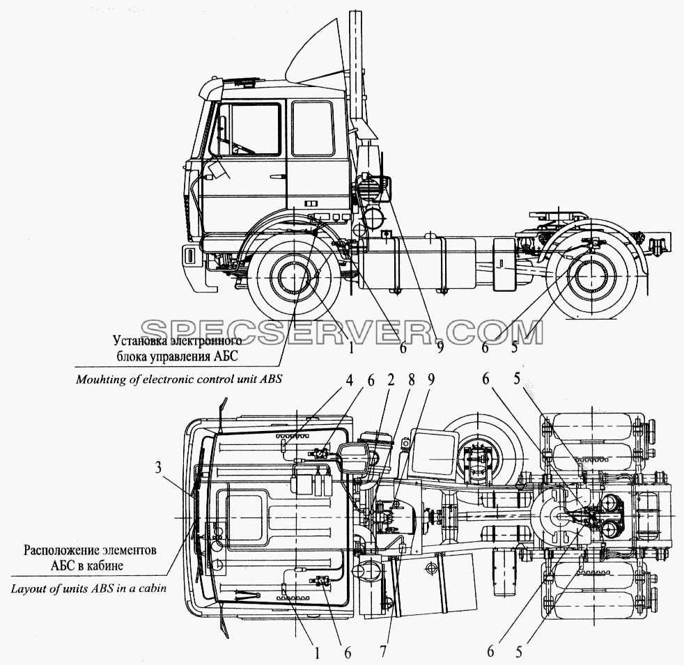 Установка элементов электрооборудования АБС на автомобилях МАЗ-543205, 543203, 543202, 543208 для МАЗ-543202 (список запасных частей)