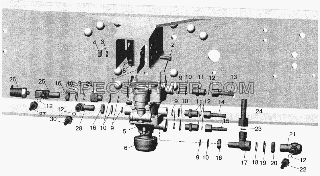 Установка клапана прицепа и присоединительной арматуры МАЗ-642208, 642205, 543208, 543205 для МАЗ-5432 (список запасных частей)
