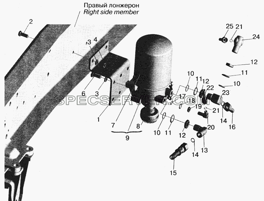 Установка осушителя воздуха и присоединительной арматуры МАЗ-555102 для МАЗ-5432 (список запасных частей)
