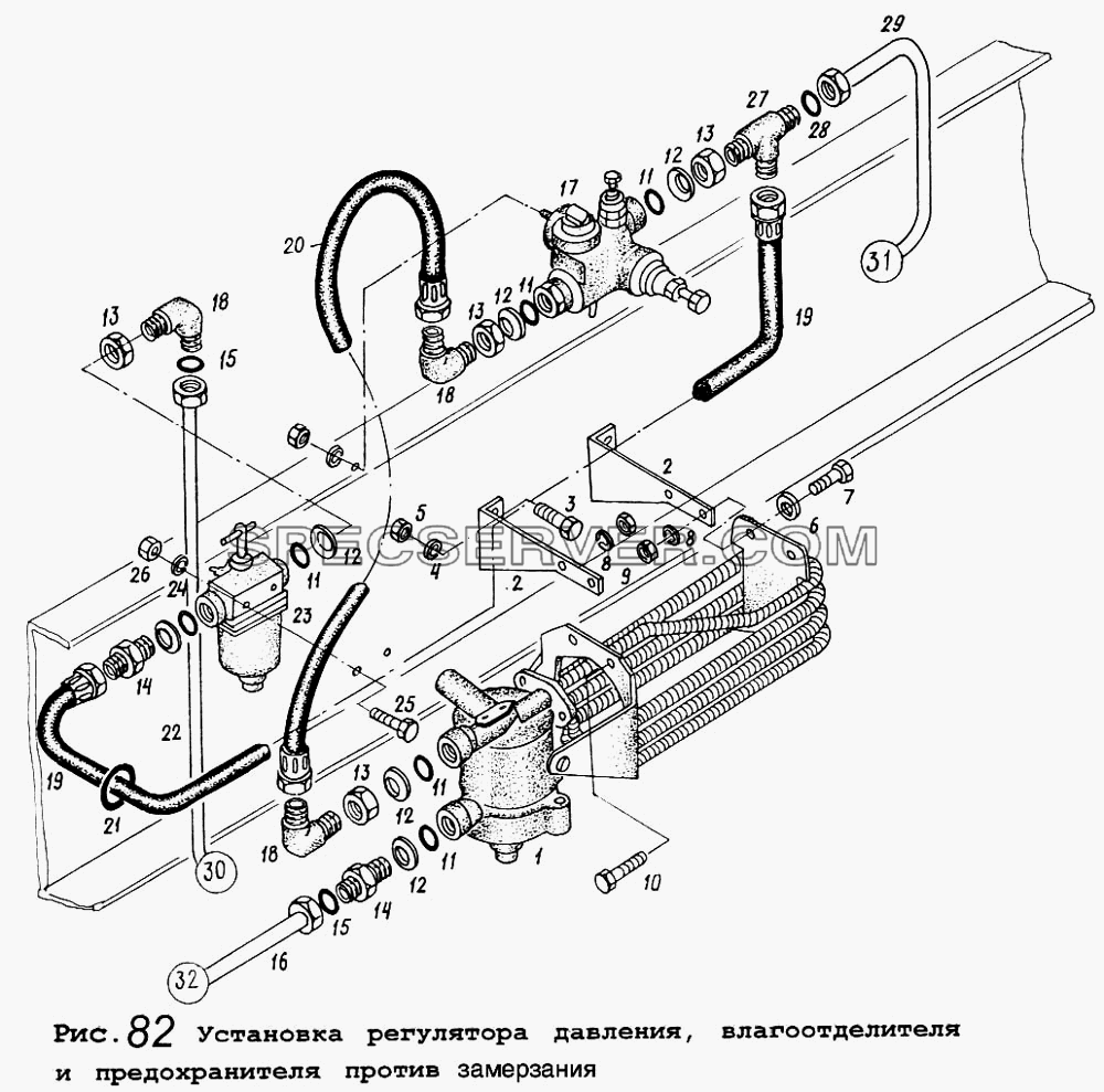 Установка регулятора давления, влагоотделителя и предохранителя против замерзания для МАЗ-5434 (список запасных частей)