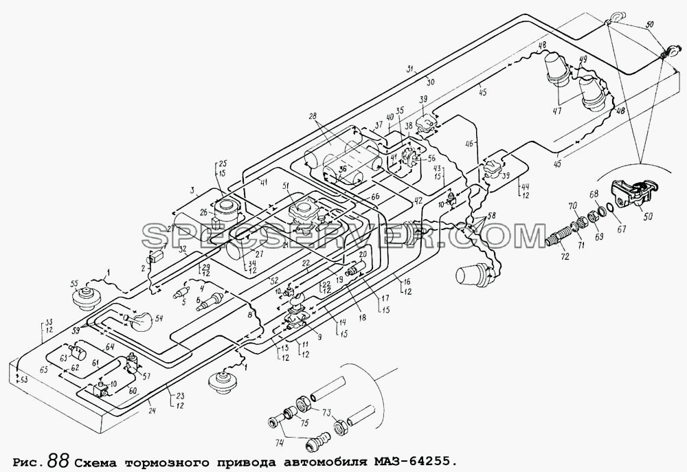 Схема тормозного привода автомобиля МАЗ-64255 для МАЗ-5434 (список запасных частей)