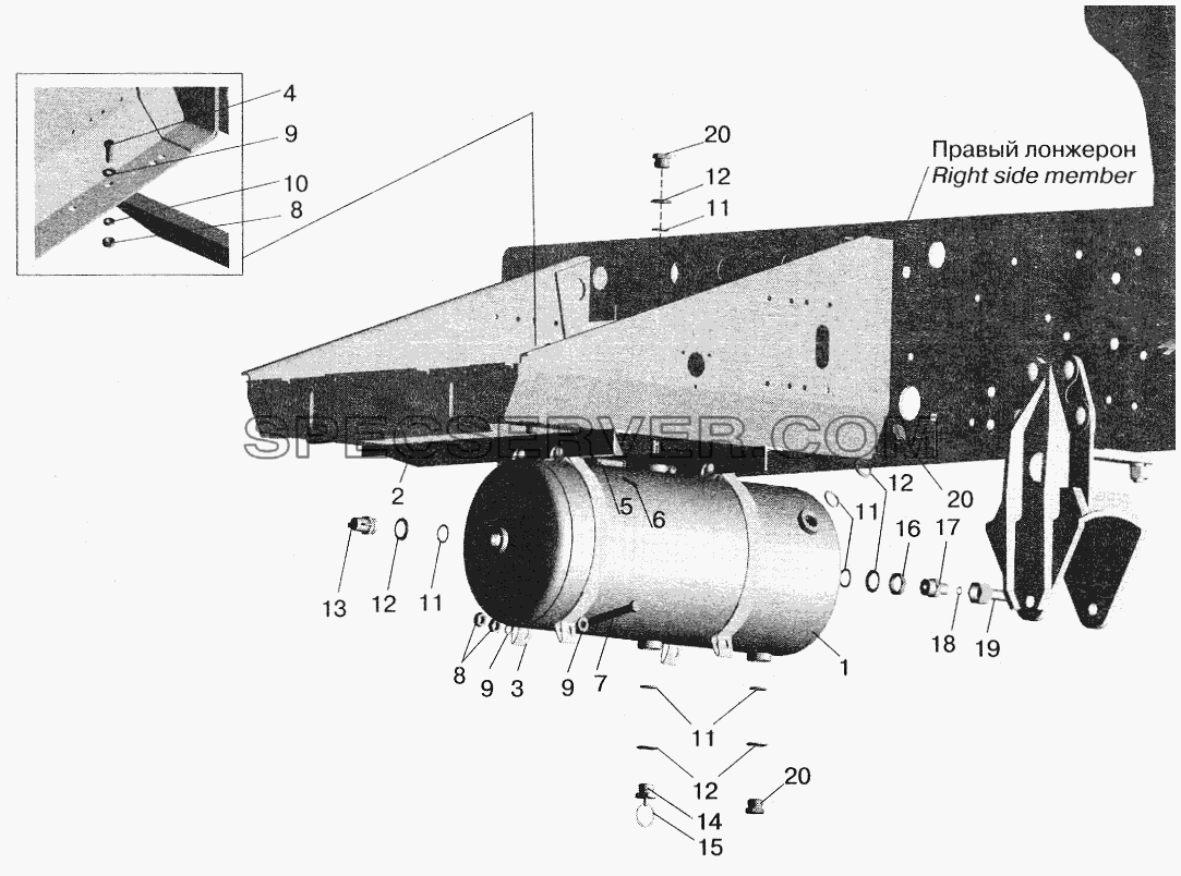Установка ресивера и присоединительной арматуры на МАЗ-543208, 543205, 543203, 543202 для МАЗ-5516 (2003) (список запасных частей)