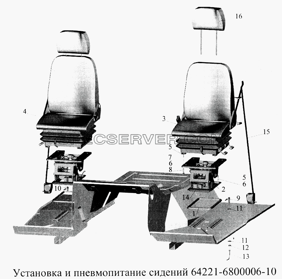 Установка и пневмопитание сидений 64221-6800006-10 для МАЗ-5516А5 (список запасных частей)
