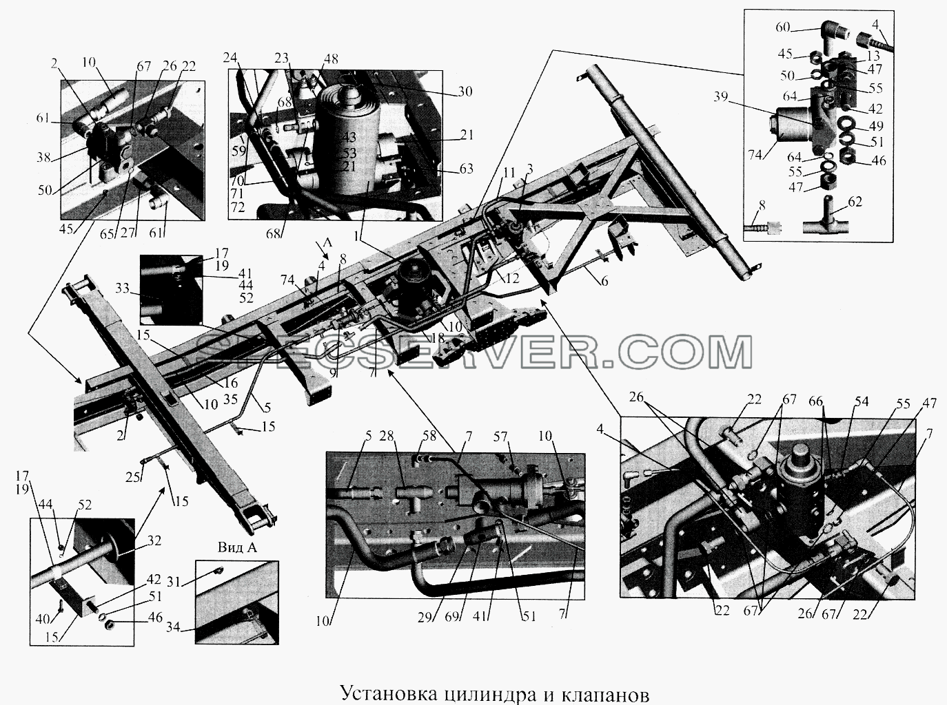 Установка цилиндра и клапана 551605-8603500-025 (-725) для МАЗ-5516А5 (список запасных частей)