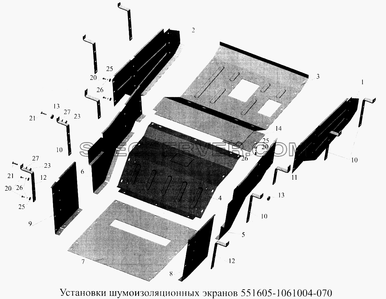 Установка шумоизоляционных экранов 551605-1061004-070 для МАЗ-5516А5 (список запасных частей)