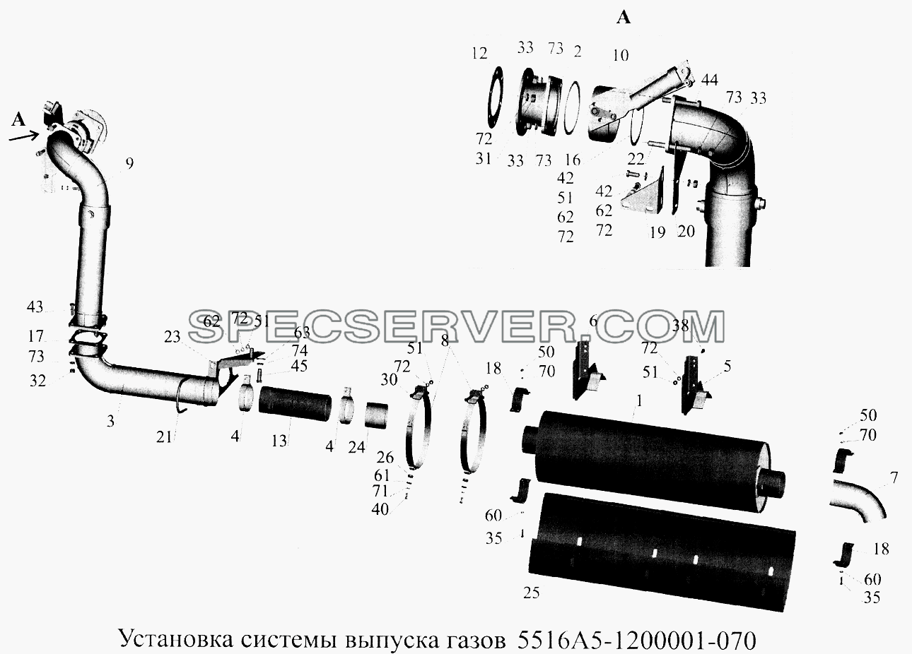 Установка системы выпуска газов 5516А5-1200001-070 для МАЗ-5516А5 (список запасных частей)