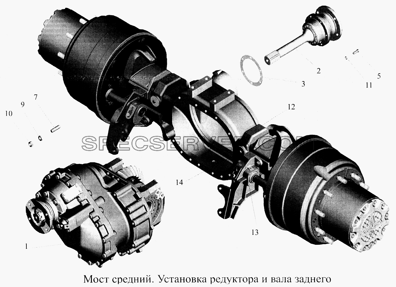 Мост средний. Установка редуктора и вала заднего для МАЗ-5516А5 (список запасных частей)