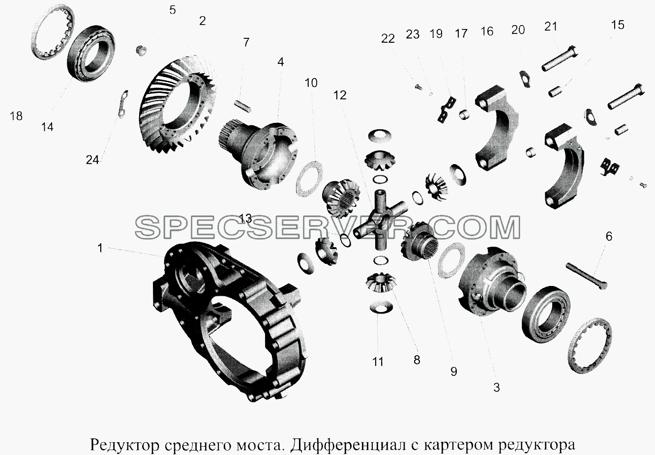 Редуктор среднего моста. Дифференциал с картером редуктора для МАЗ-5516А5 (список запасных частей)