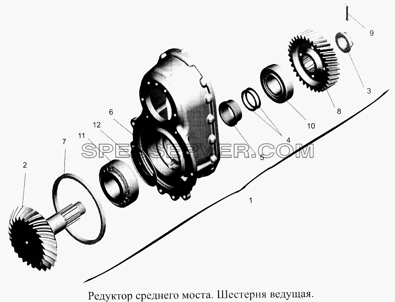 Редуктор среднего моста. Шестерня ведущая для МАЗ-5516А5 (список запасных частей)