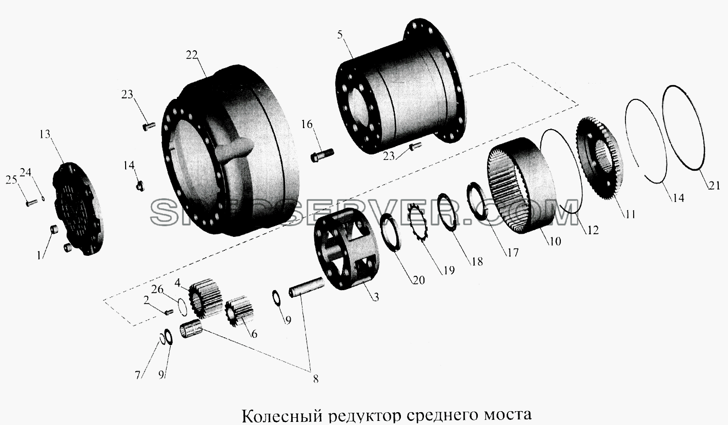 Колесный редуктор среднего моста для МАЗ-5516А5 (список запасных частей)