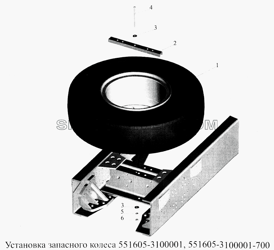 Установка запасного колеса 551605-3100001, 551605-3100001-700 для МАЗ-5516А5 (список запасных частей)