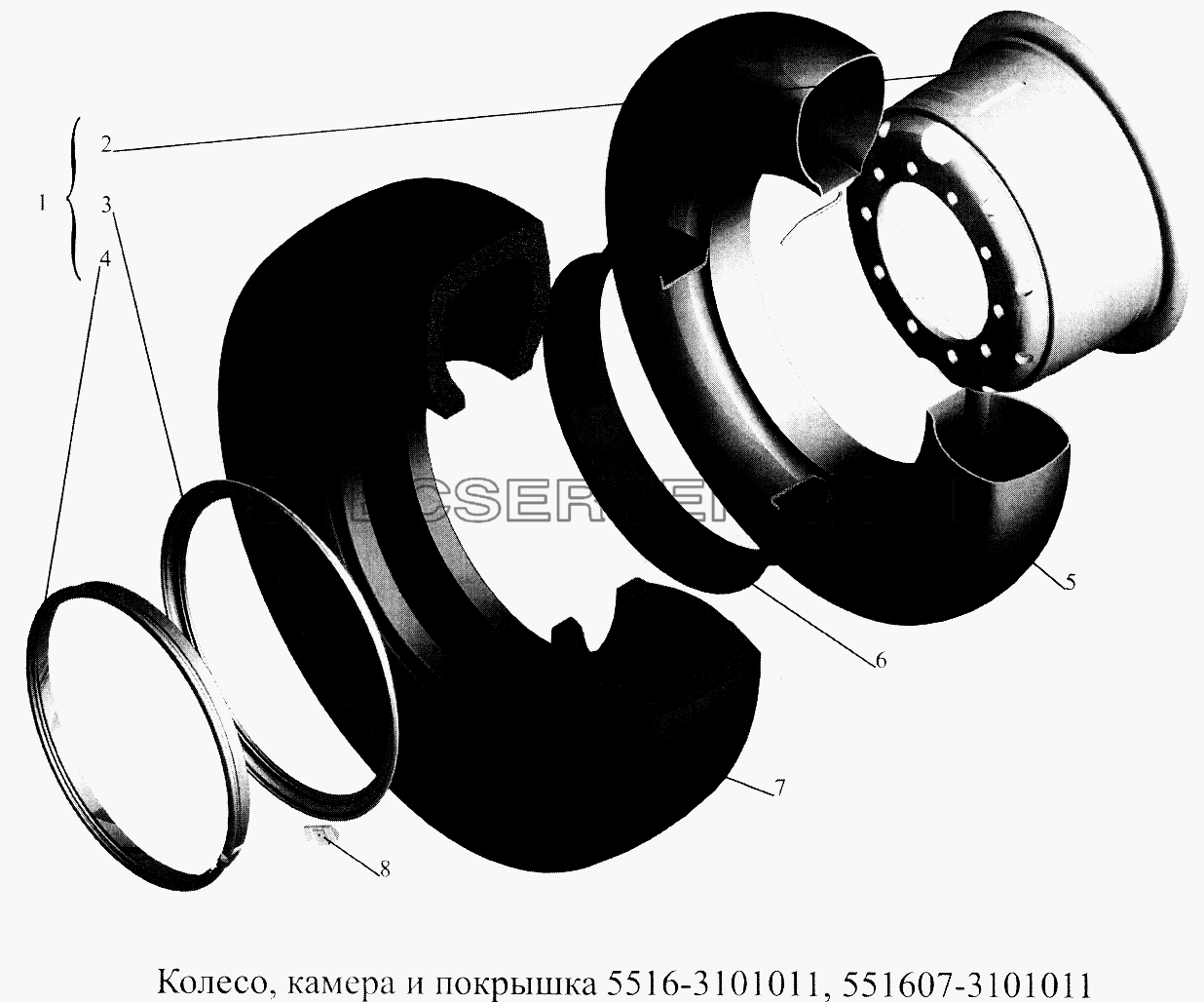 Колесо, камера и покрышка 5516-3101011, 551607-3101011 для МАЗ-5516А5 (список запасных частей)