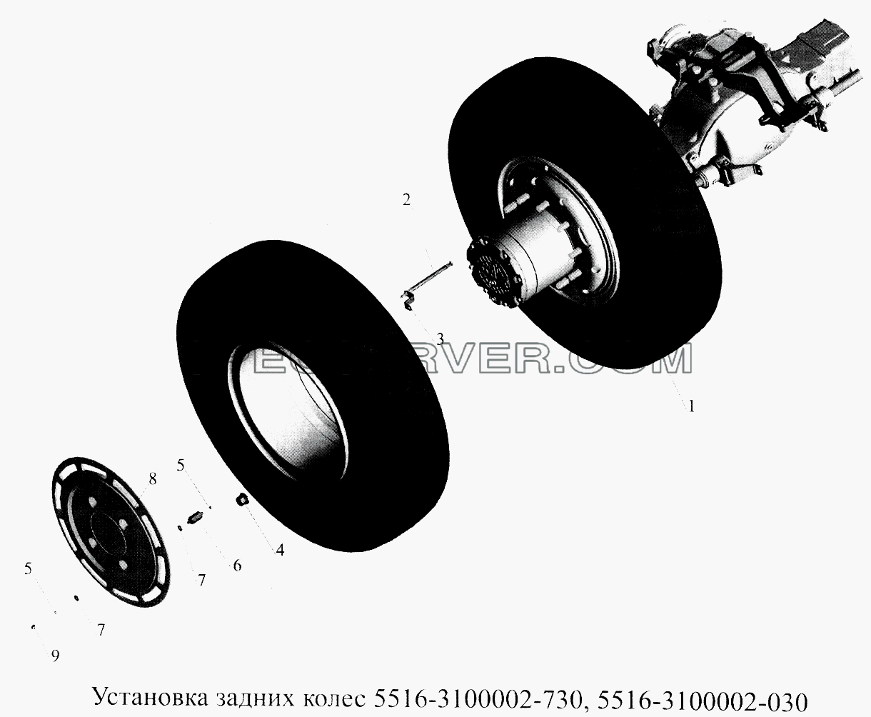 Установка задних колес 5516-3100002-730, 5516-3100002-030 для МАЗ-5516А5 (список запасных частей)