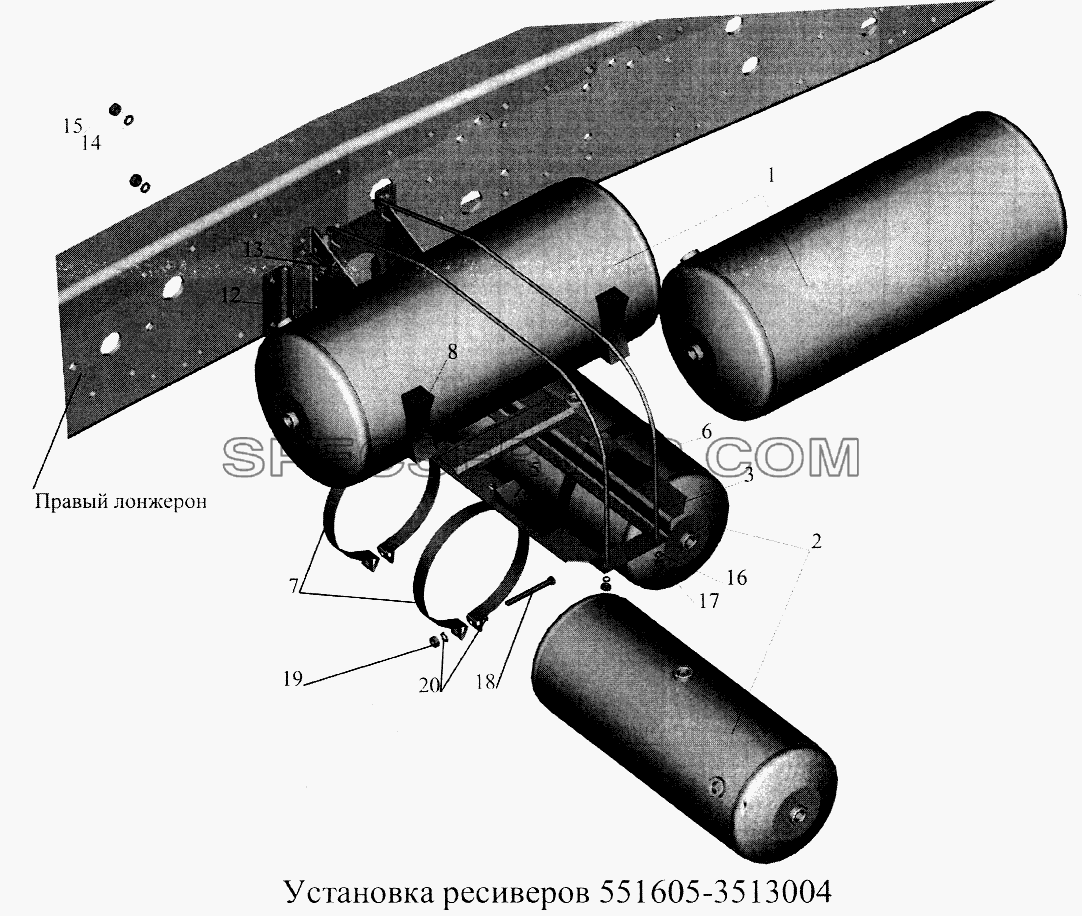 Установка ресиверов 551605-3513004 для МАЗ-5516А5 (список запасных частей)