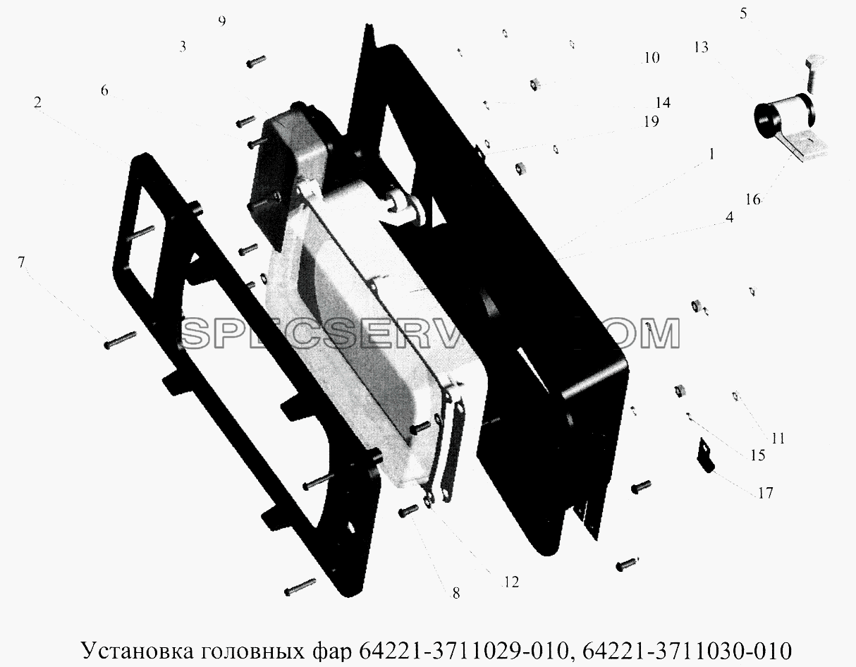 Установка головных фар 64771-3711029-010, 64221-3711030-010 для МАЗ-5516А5 (список запасных частей)