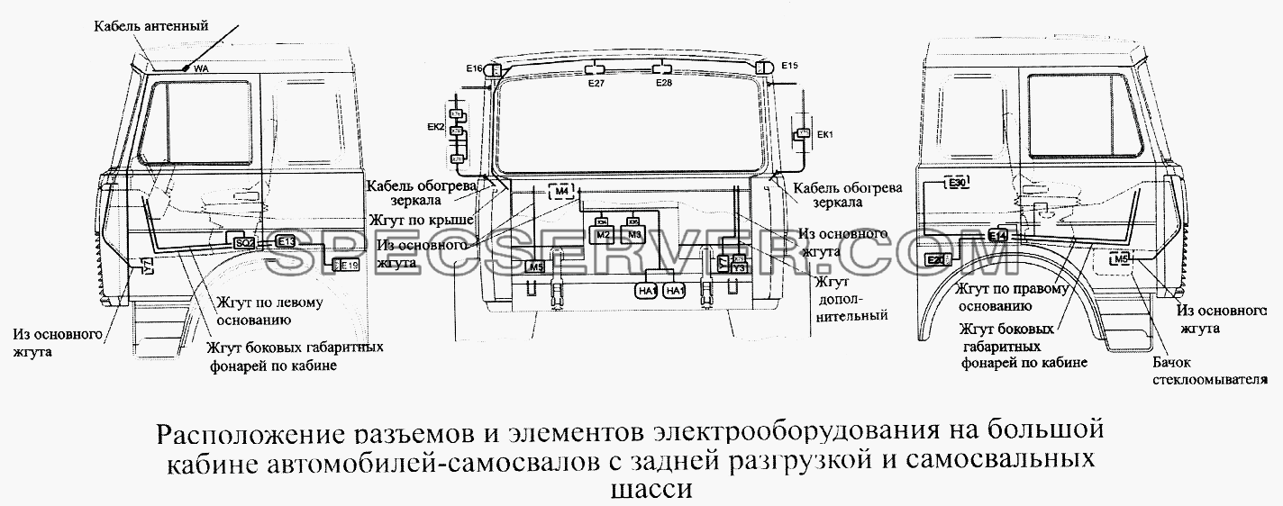 Расположение разъемов и элементов электрооборудования на большой кабине автомобилей-самосвалов с задней разгрузкой и самосвальных шасси для МАЗ-5516А5 (список запасных частей)