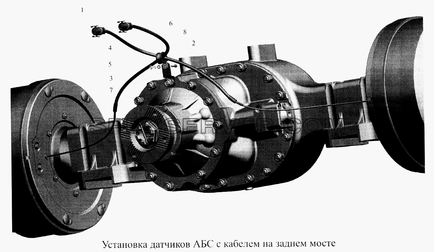 Установка датчиков АБС с кабелем на заднем мосте для МАЗ-5516А5 (список запасных частей)