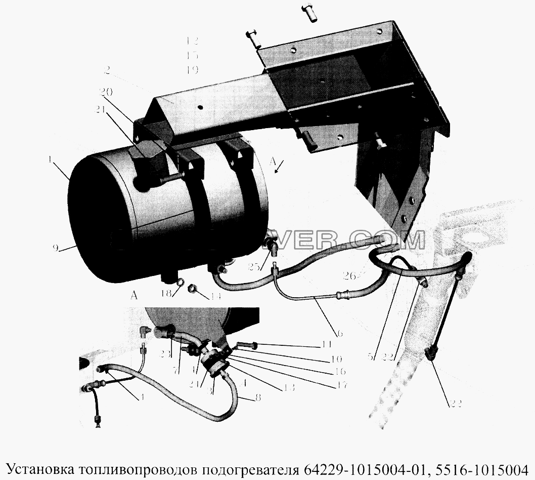 Установка топливопроводов подогревателя 64229-1015004-01, 5516-1015004 для МАЗ-5516А5 (список запасных частей)
