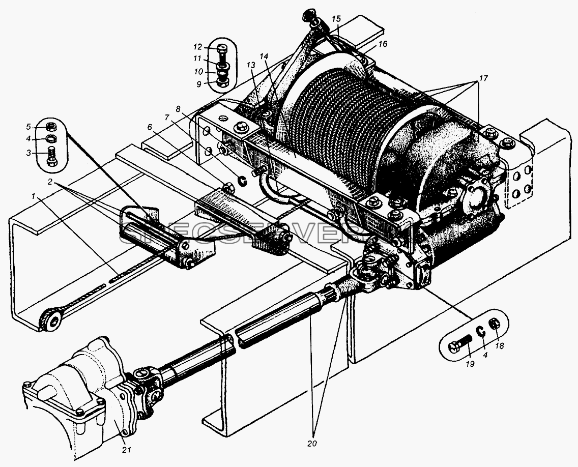 Лебедка, вал карданный лебедки МАЗ-509А для МАЗ-5549 (список запасных частей)