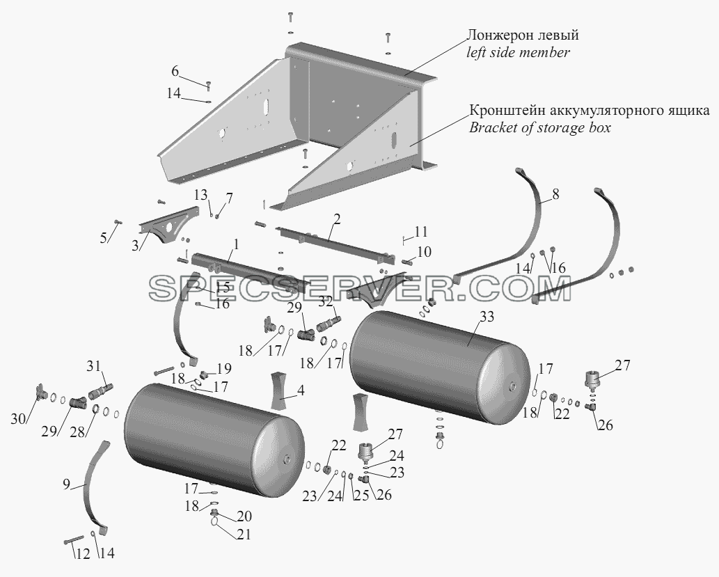Установка ресиверов 64221-3513004 для МАЗ-555102, 5551А2 (список запасных частей)