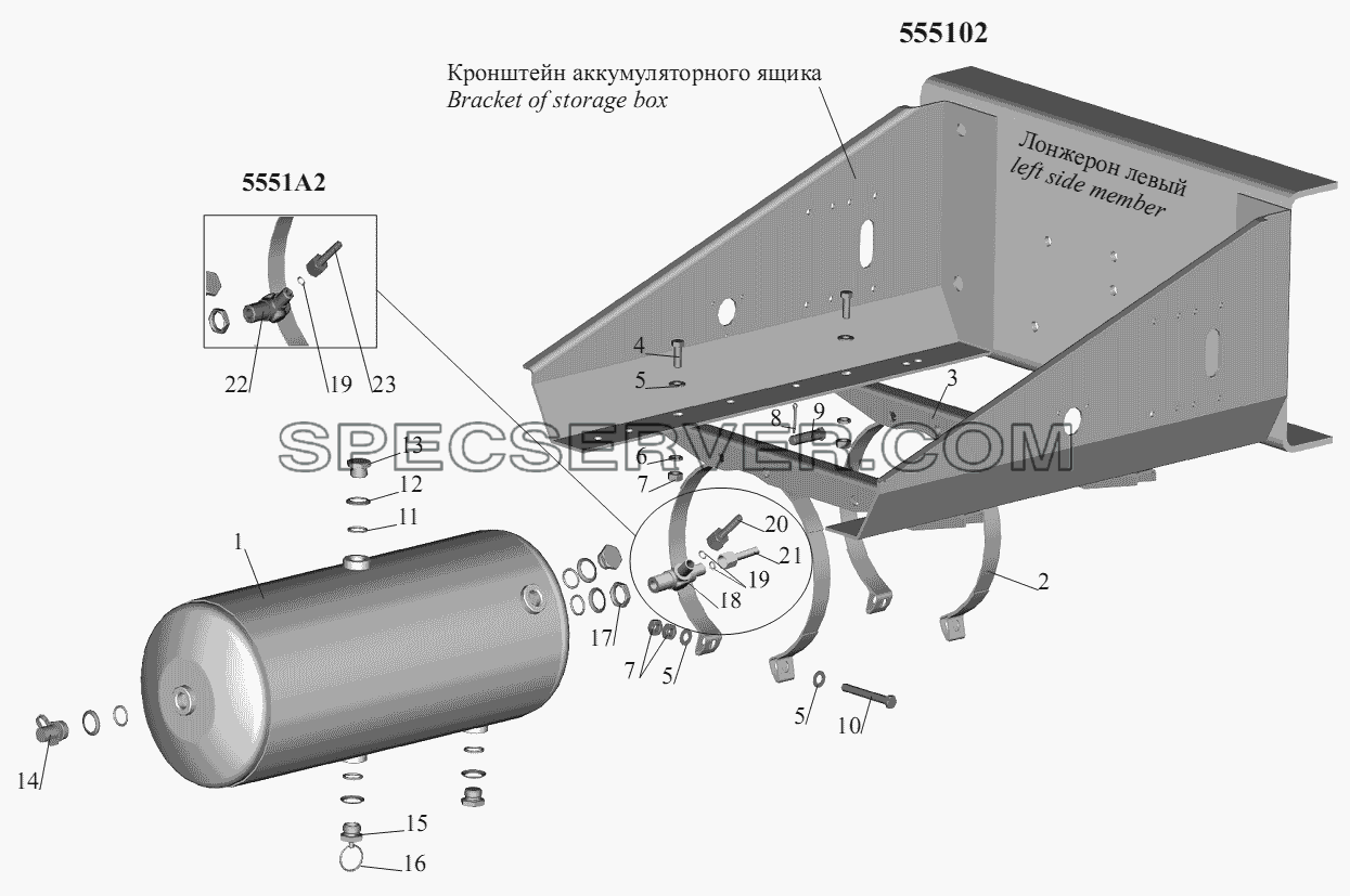 Установка ресивера 5551-3513005-10 для МАЗ-555102, 5551А2 (список запасных частей)