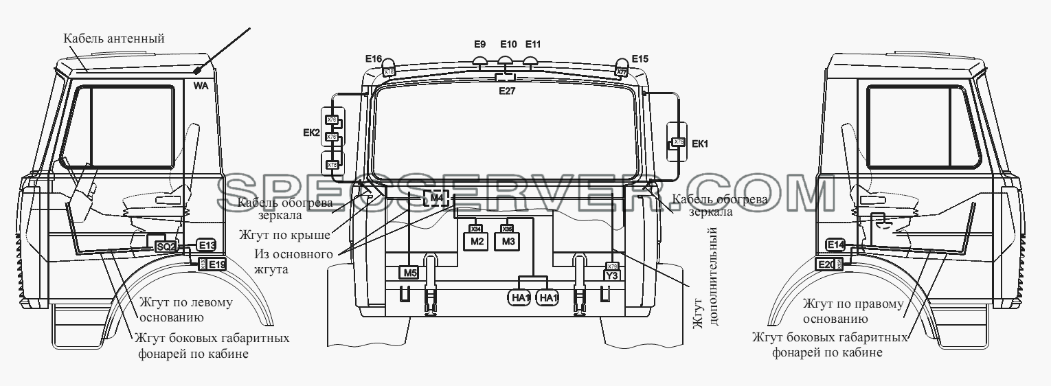 Расположение разъемов и элементов электрооборудования на малой кабине автомобилей-самосвалов с трехсторонней разгрузкой для МАЗ-555102, 5551А2 (список запасных частей)