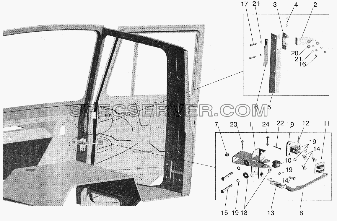 Установка ограничителя и петель двери для МАЗ-5551 (2003) (список запасных частей)