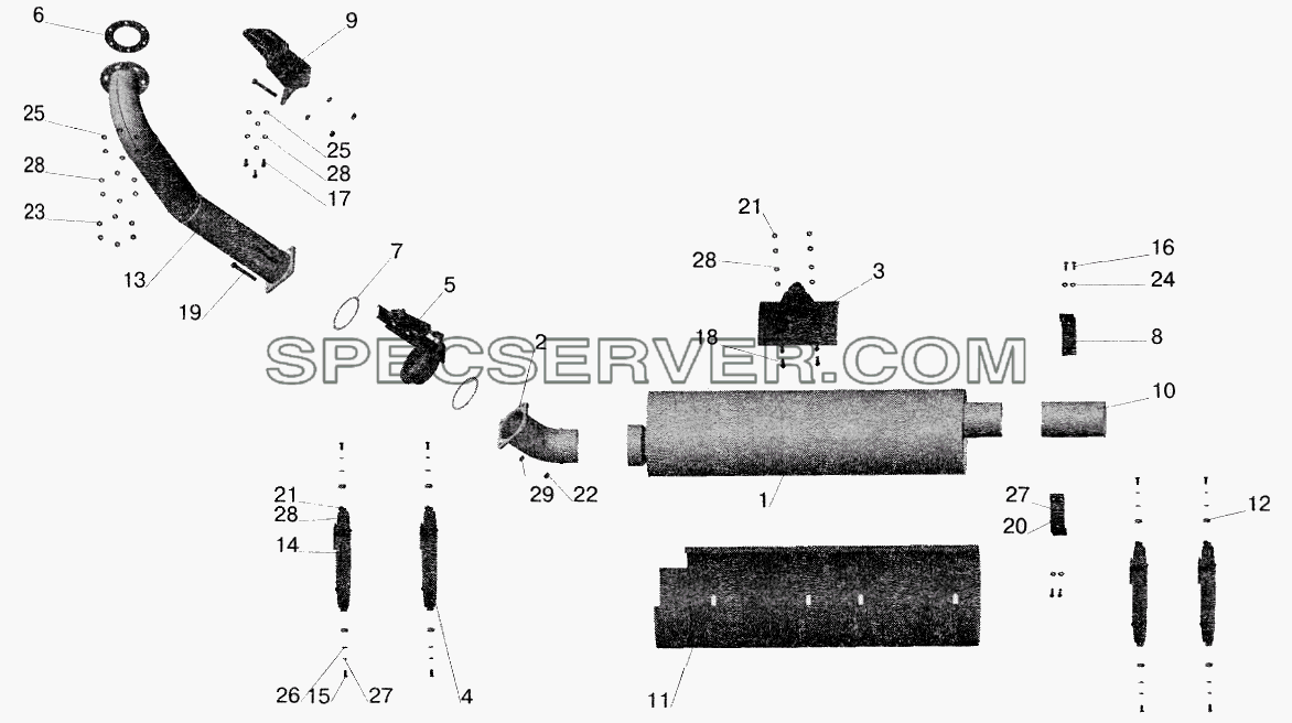 Установка системы выпуска отработавших газов МАЗ-555102, 551603 для МАЗ-5551 (2003) (список запасных частей)