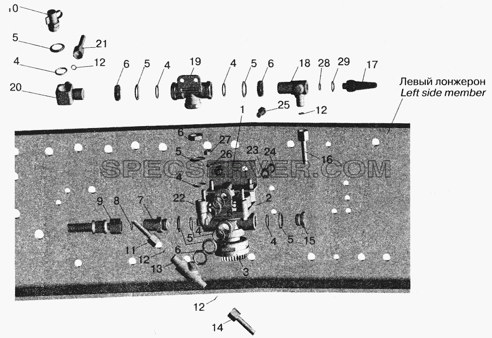 Установка ускорительного клапана и присоединительной арматуры МАЗ-555102 для МАЗ-5551 (2003) (список запасных частей)