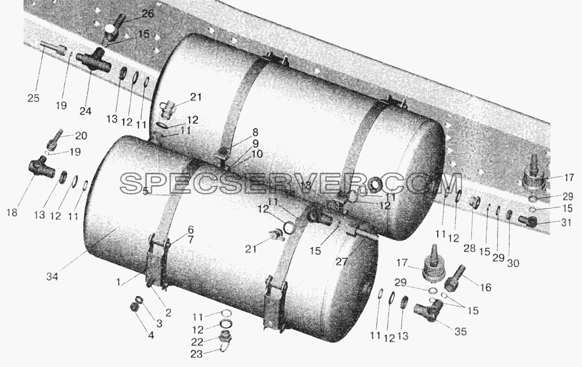 Установка ресиверов и присоединительной арматуры на МАЗ-543208, 543205, 543203, 543202 для МАЗ-5551 (2003) (список запасных частей)