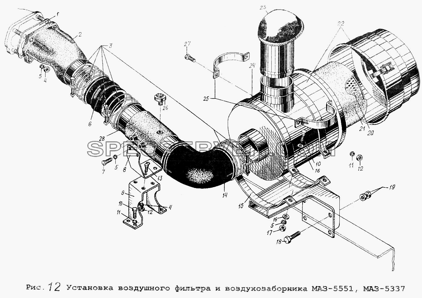 Установка воздушного фильтра и воздухозаборника МАЗ-5551, МАЗ-5337 для МАЗ-5551 (список запасных частей)
