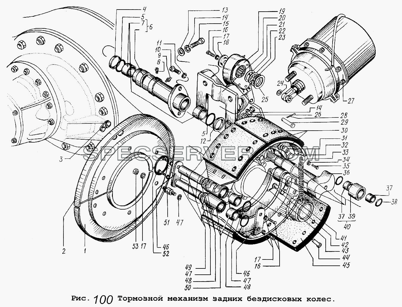 Тормозной механизм задних бездисковых колес для МАЗ-5551 (список запасных частей)