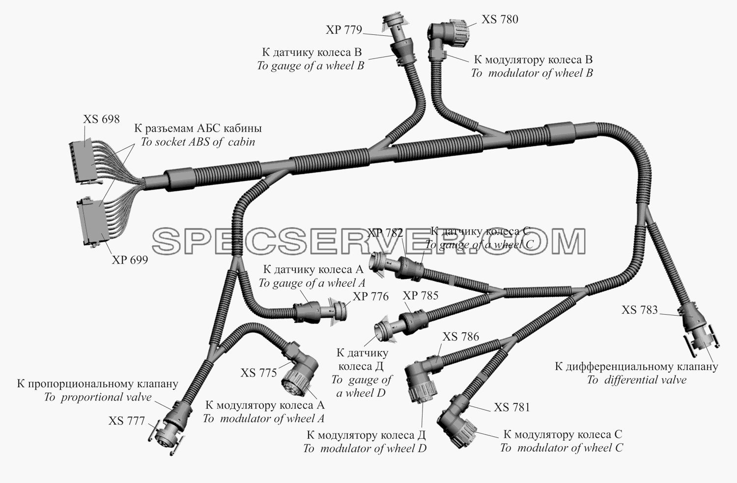 Жгут АБС по шасси для МАЗ-630333 (список запасных частей)