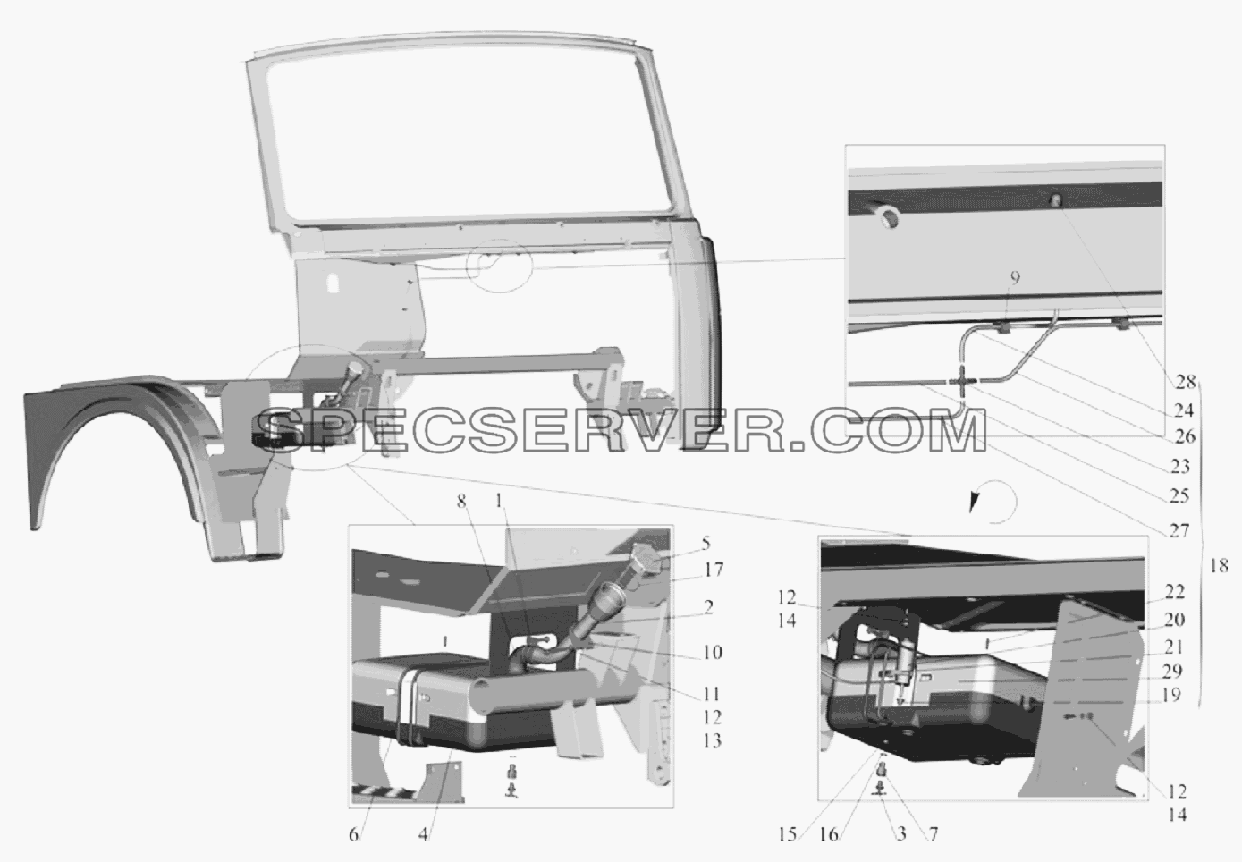 Установка омывателя для МАЗ-6303A3, 6303A5 (список запасных частей)