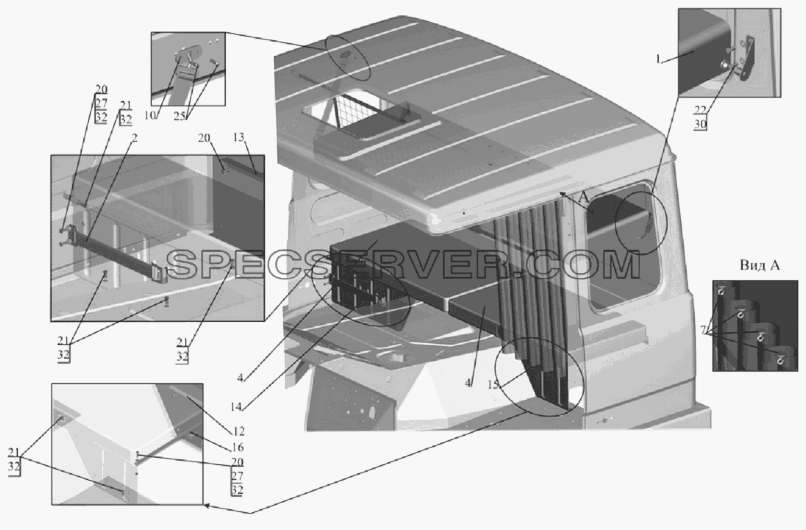 Установка спальных мест 64221-8200010 (на большую кабину) для МАЗ-6303A3, 6303A5 (список запасных частей)