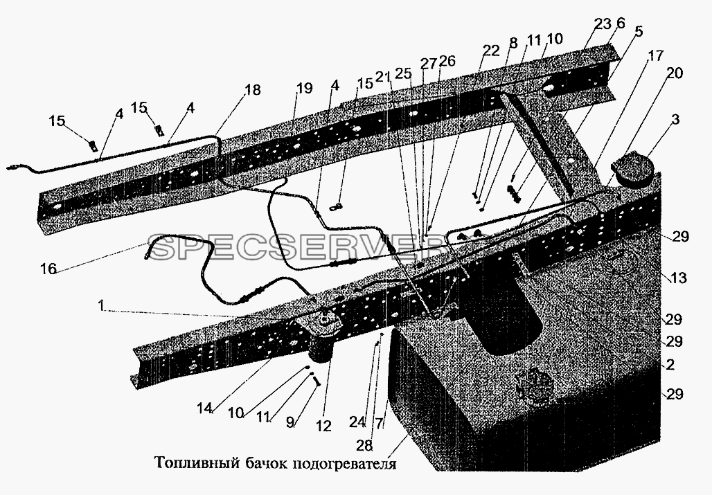Установка топливопроводов МАЗ-630305, МАЗ-630303 (с подогревателем) для МАЗ-6303 (2005) (список запасных частей)