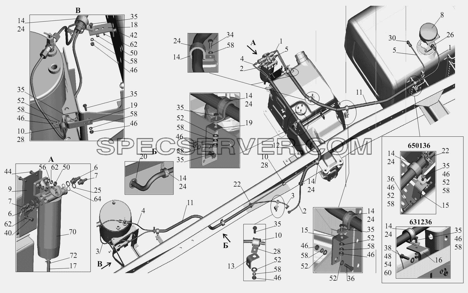 Установка топливопроводов 650136-1104002, 631236-1104002(c подогревателем) для МАЗ-631236 (список запасных частей)