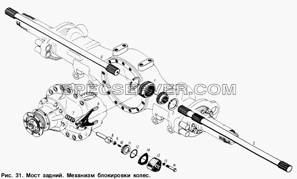Мост задний. Механизм блокировки колес для МАЗ-6317 (список запасных частей)
