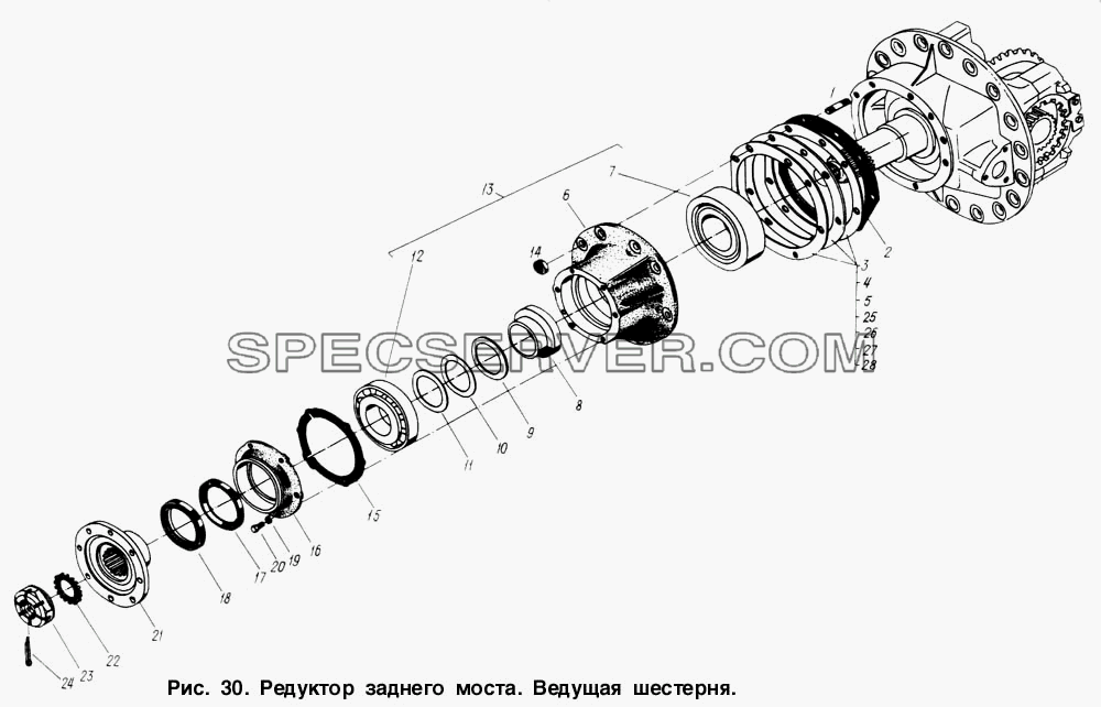 Редуктор заднего моста. Ведущая шестерня для МАЗ-6317 (список запасных частей)
