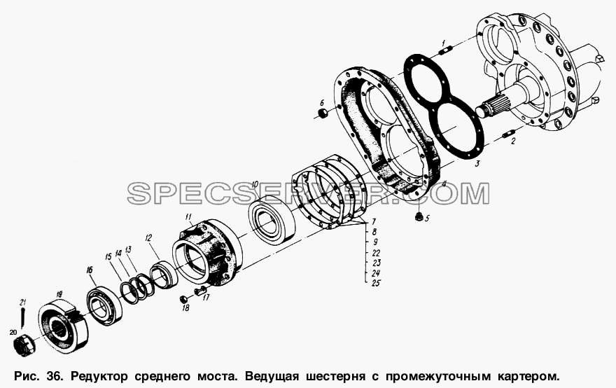 Редуктор среднего моста. Ведущая шестерня с промежуточным картером для МАЗ-6317 (список запасных частей)