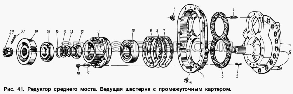 Редуктор среднего моста. Ведущая шестерня с промежуточным картером для МАЗ-64221 (список запасных частей)