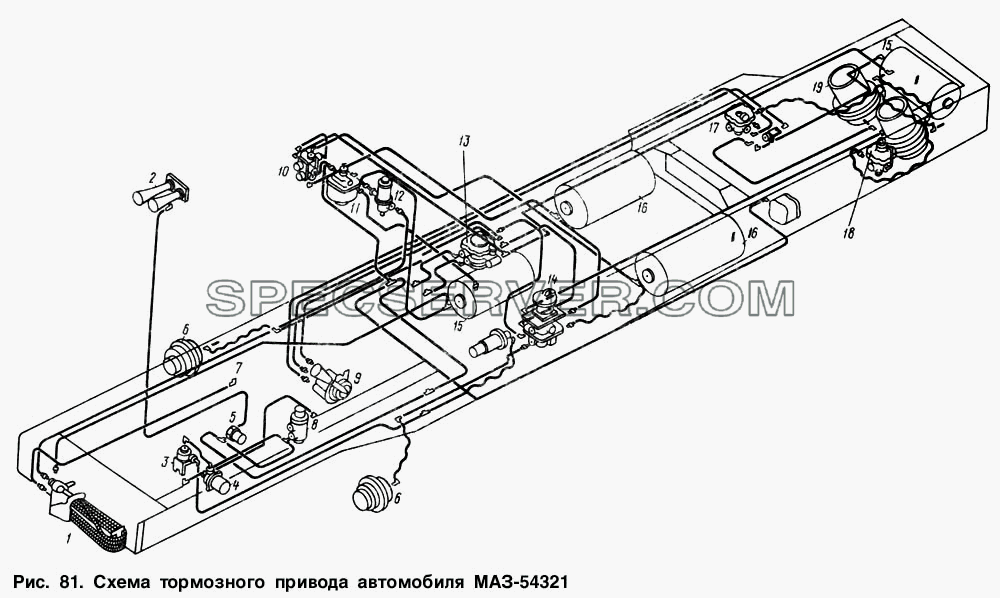 Схема тормозного привода автомобиля МАЗ-54321 для МАЗ-64221 (список запасных частей)