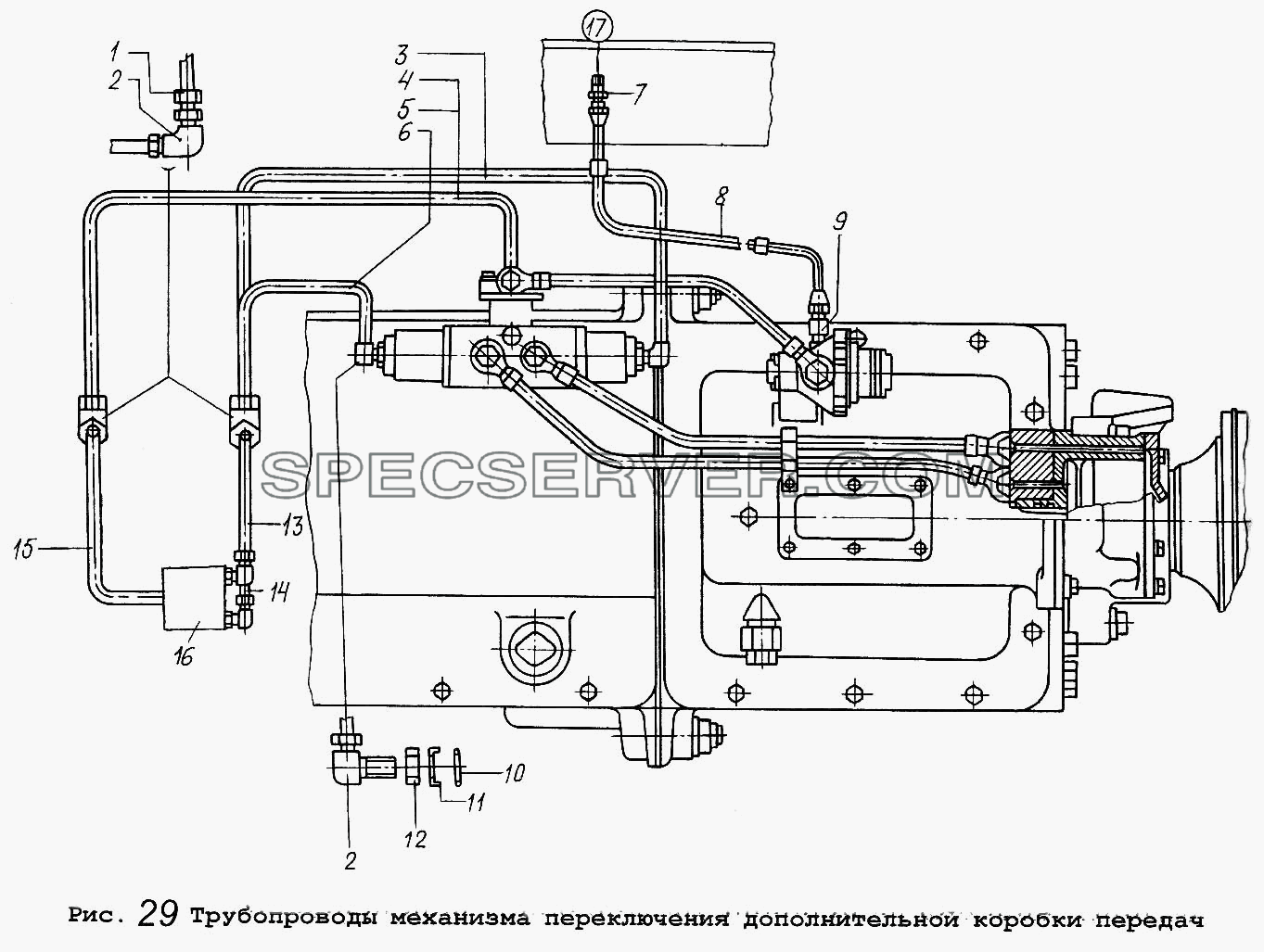 Трубопроводы механизма переключения дополнительной коробки передач для МАЗ-64229 (список запасных частей)