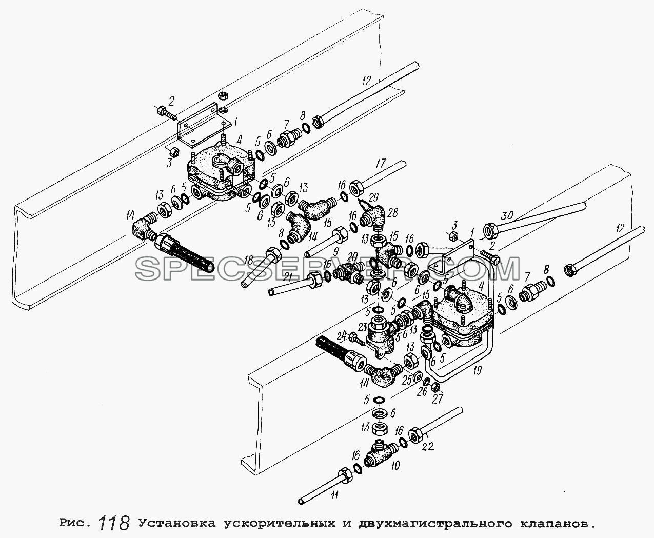 Установка ускорительных и двухмагистрального клапанов для МАЗ-64229 (список запасных частей)
