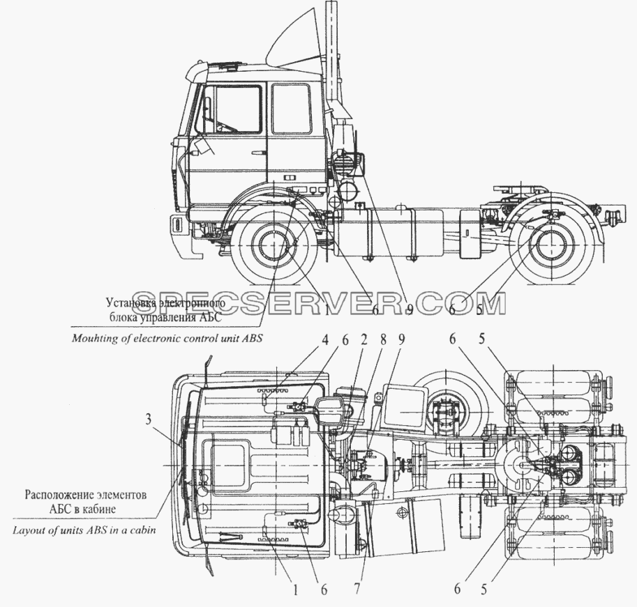 Установка элементов электрооборудования АБС на автомобилях МАЗ-543208, 543205, 543203, 543202 для МАЗ-6422 (список запасных частей)